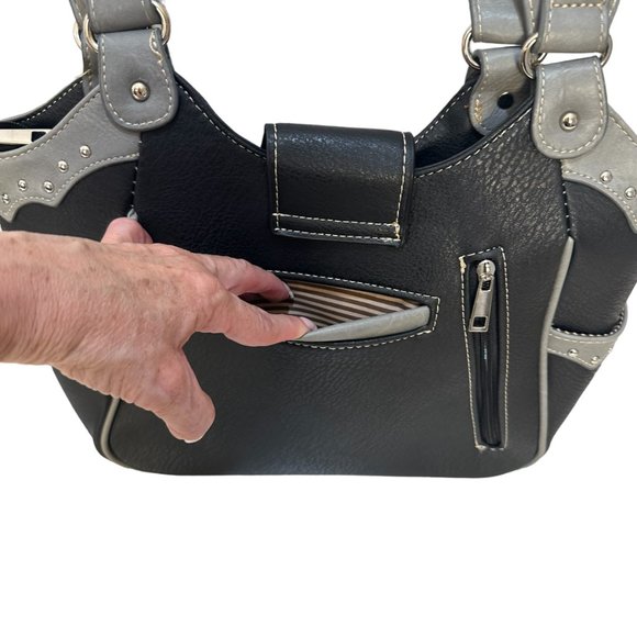 (7-200) Brand New with Tag -Black & (Turq) Western Style Two Handle Shoulder Bag - Picture 3 of 12